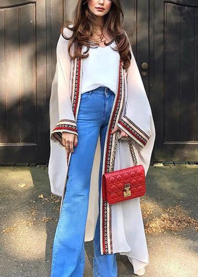 Loose Black Embroidered Tie Waist Chiffon Cardigans Long Sleeve Op1052