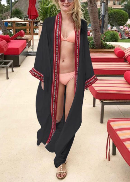 Loose Black Embroidered Tie Waist Chiffon Cardigans Long Sleeve Op1052