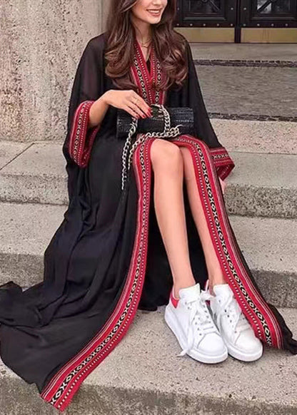 Loose Black Embroidered Tie Waist Chiffon Cardigans Long Sleeve Op1052