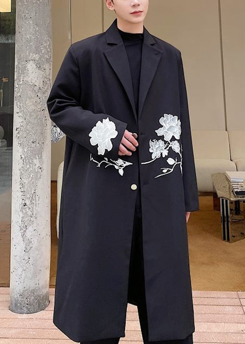 Loose Black Embroideried Button Spandex Long Trench Coat Fall Ro029
