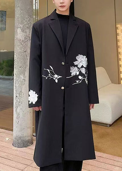 Loose Black Embroideried Button Spandex Long Trench Coat Fall Ro029