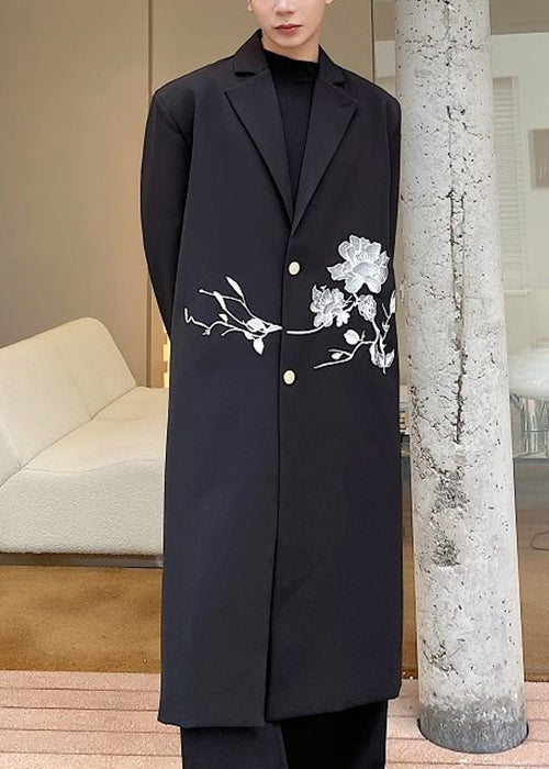 Loose Black Embroideried Button Spandex Long Trench Coat Fall Ro029