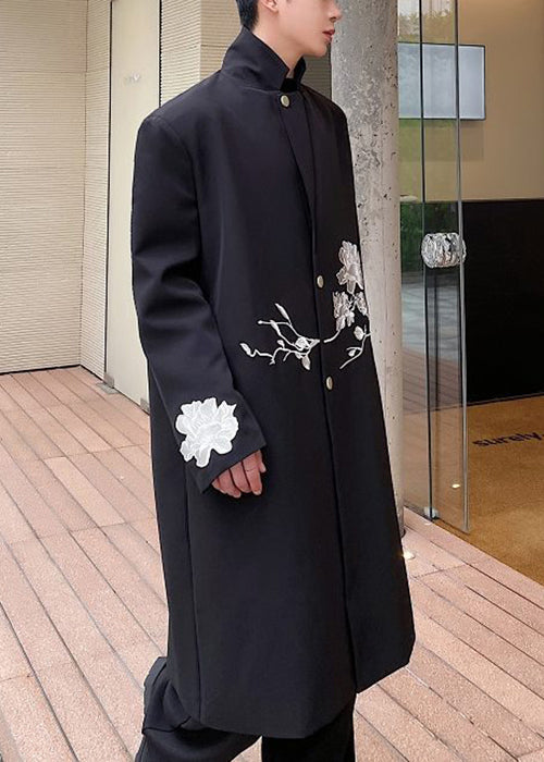 Loose Black Embroideried Button Spandex Long Trench Coat Fall Ro029