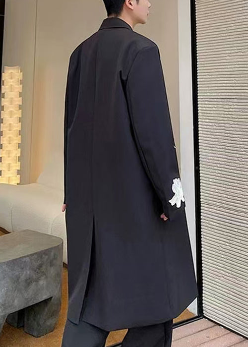 Loose Black Embroideried Button Spandex Long Trench Coat Fall Ro029