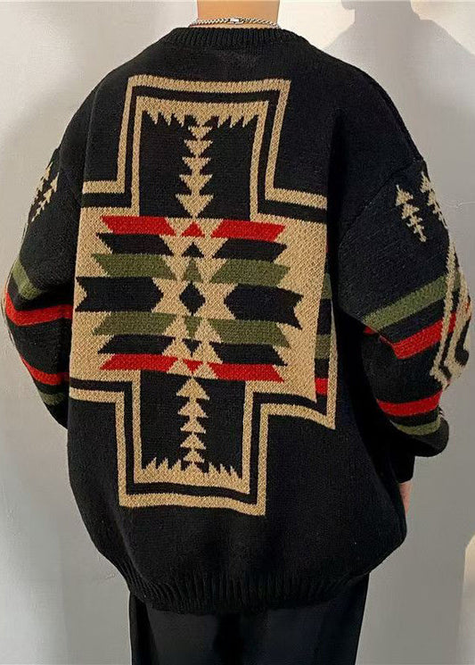 Loose Black Geometric Thick Knit Sweaters Winter Qf029