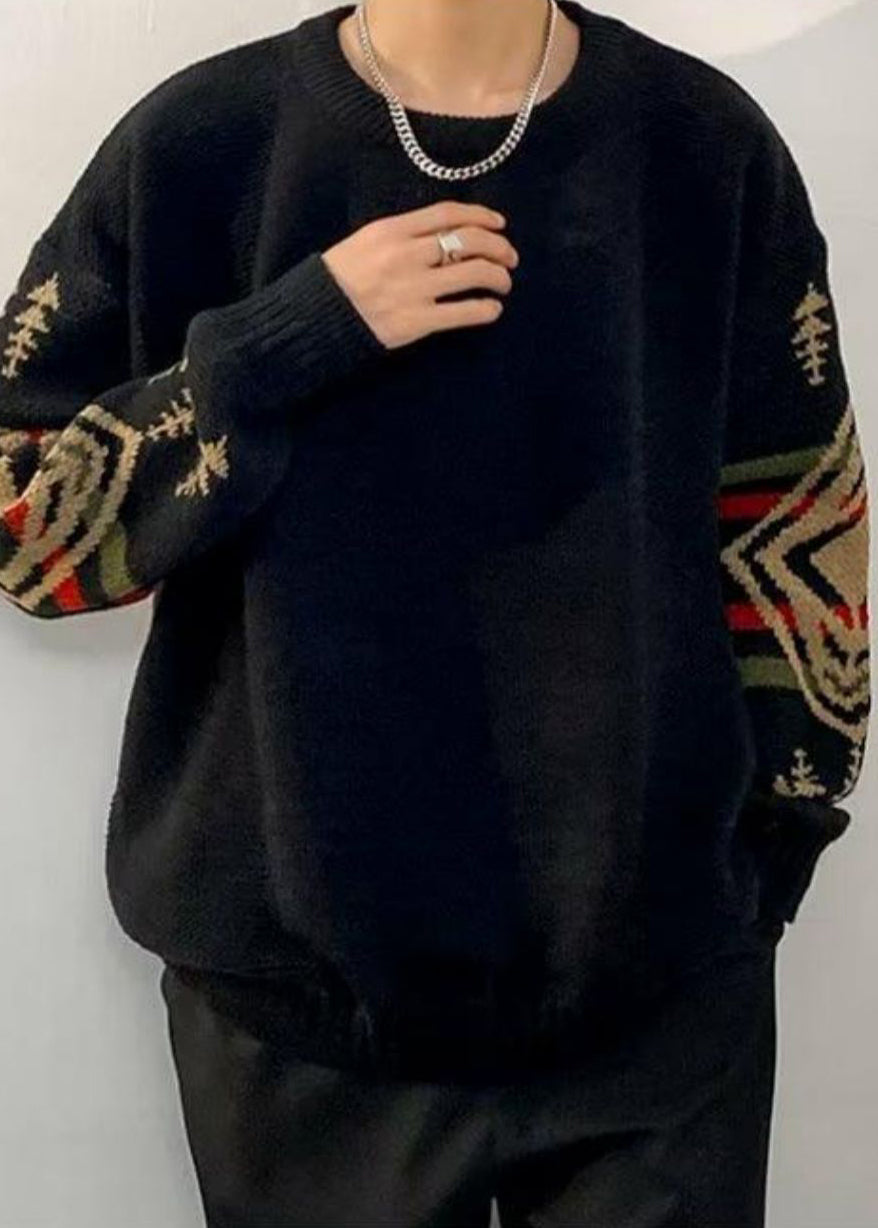 Loose Black Geometric Thick Knit Sweaters Winter Qf029