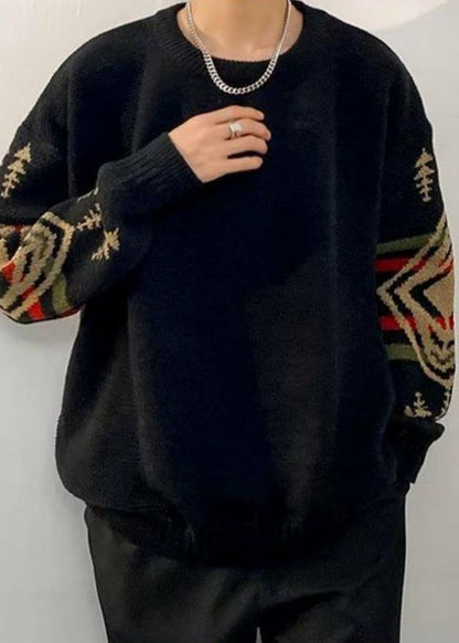 Loose Black Geometric Thick Knit Sweaters Winter Qf029