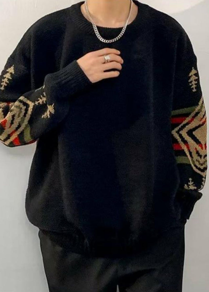 Loose Black Geometric Thick Knit Sweaters Winter Qf029