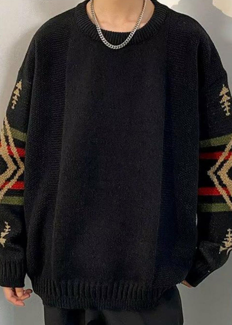 Loose Black Geometric Thick Knit Sweaters Winter Qf029