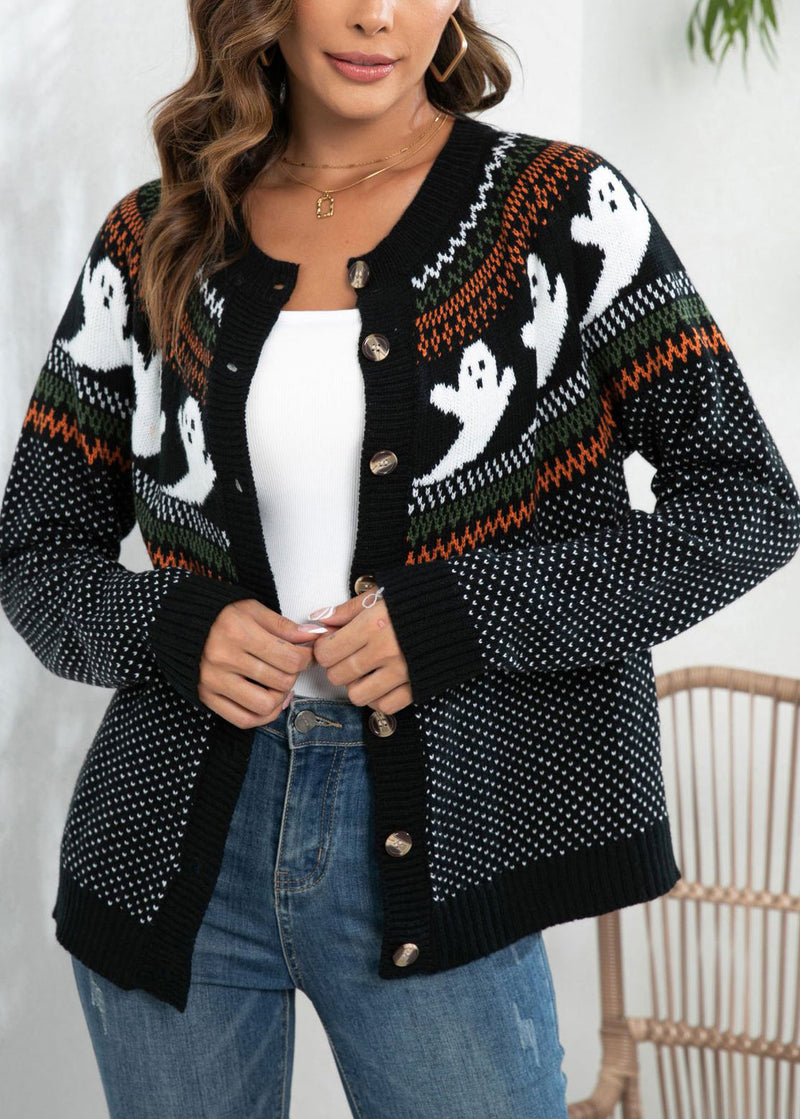 Loose Black Ghost Dot Patchwork Knit Cardigan Fall Ae1020