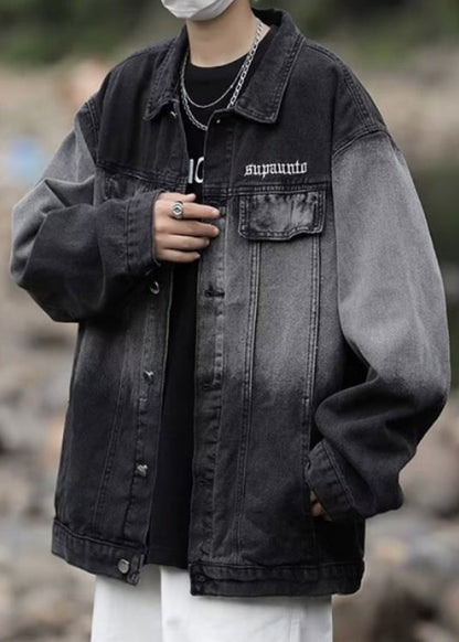 Tc044 Color Coats Denim Gradient Spring Loose Pockets Black