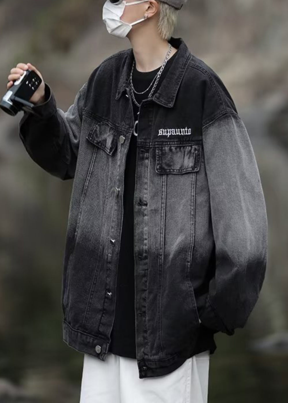 Tc044 Color Coats Denim Gradient Spring Loose Pockets Black