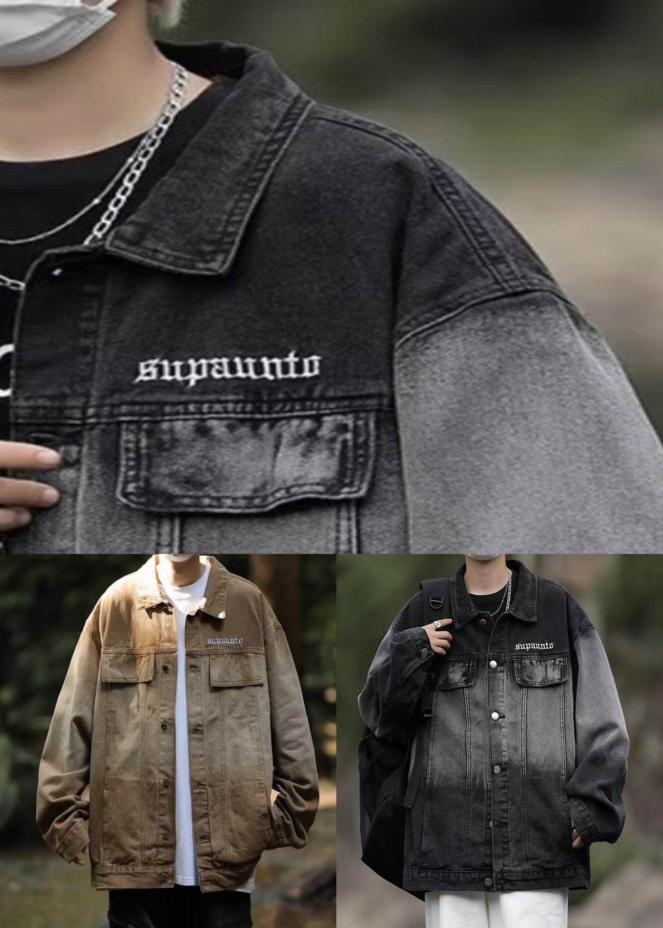 Tc044 Color Coats Denim Gradient Spring Loose Pockets Black