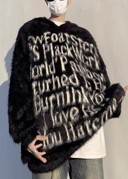 Loose Black Hooded Letter Mink Velvet Sweaters Winter Rc038