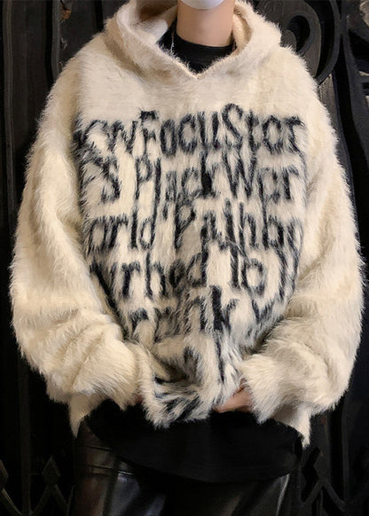 Loose Black Hooded Letter Mink Velvet Sweaters Winter Rc038