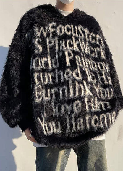 Loose Black Hooded Letter Mink Velvet Sweaters Winter Rc038