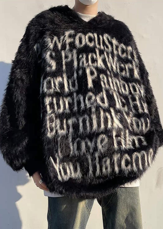 Loose Black Hooded Letter Mink Velvet Sweaters Winter Rc038