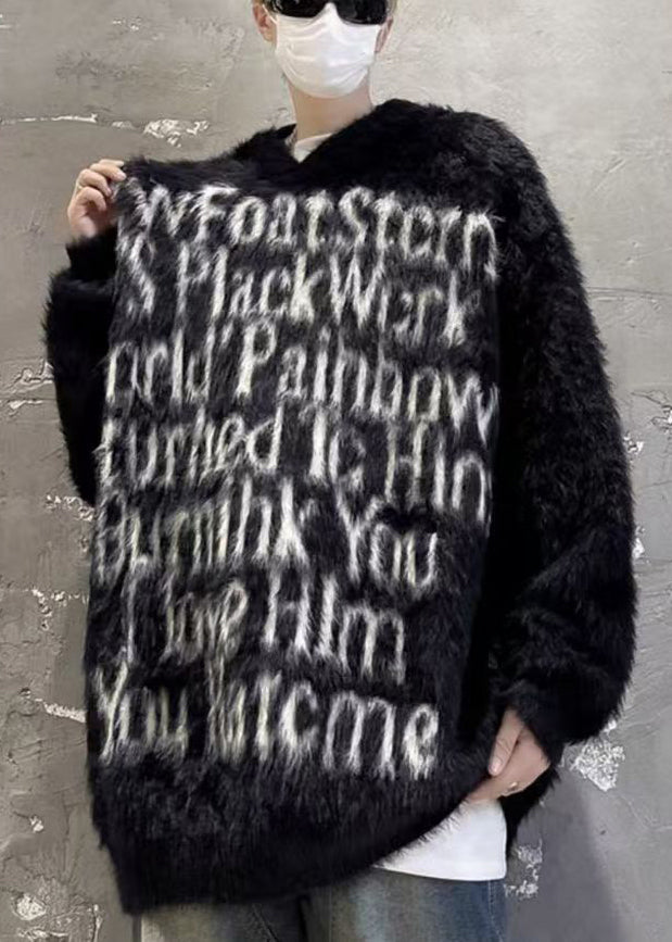 Loose Black Hooded Letter Mink Velvet Sweaters Winter Rc038