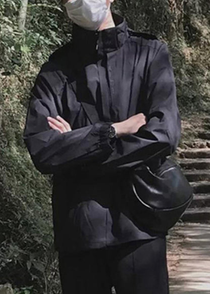 Pockets Cotton Black Loose Hooded Spring Coat