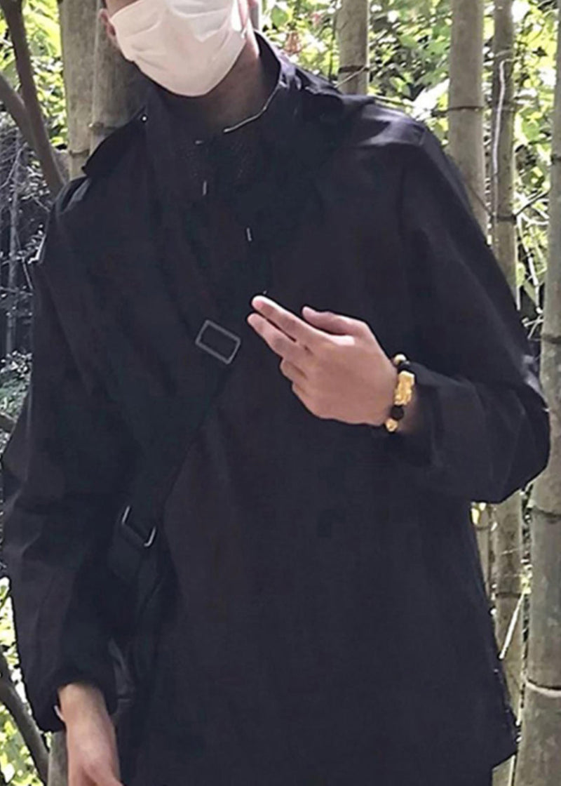 Pockets Cotton Black Loose Hooded Spring Coat