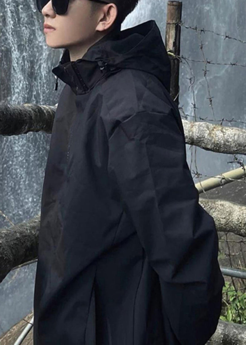 Pockets Cotton Black Loose Hooded Spring Coat