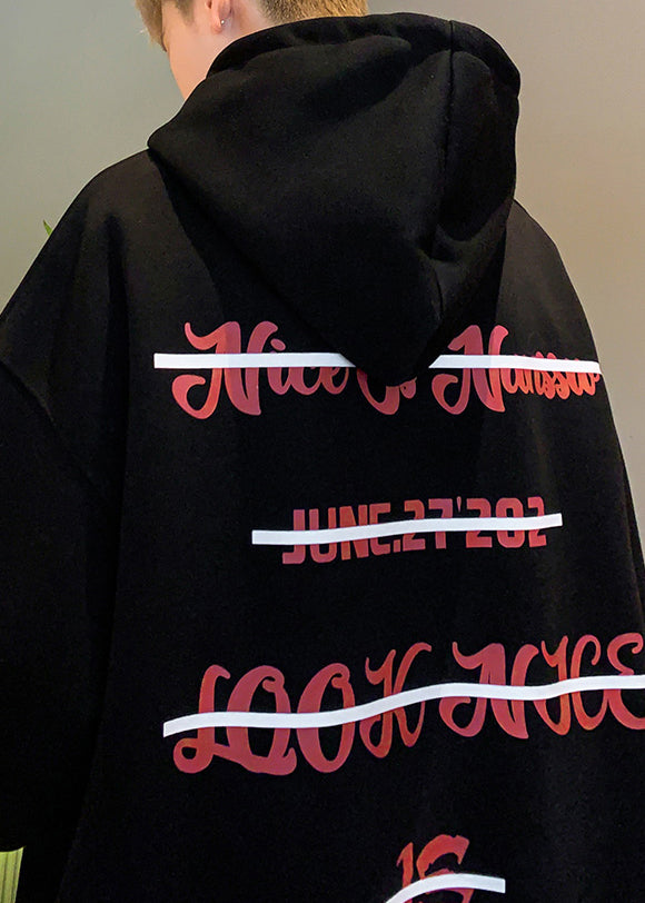 Loose Black Hooded Print Pockets Cotton Sweatshirt Fall Rp064