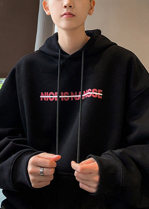 Loose Black Hooded Print Pockets Cotton Sweatshirt Fall Rp064
