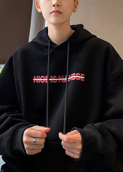 Loose Black Hooded Print Pockets Cotton Sweatshirt Fall Rp064