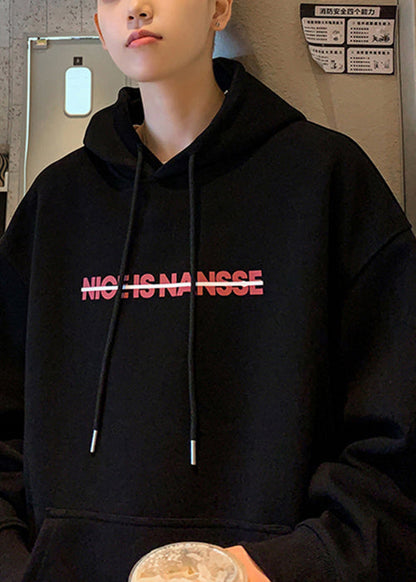 Loose Black Hooded Print Pockets Cotton Sweatshirt Fall Rp064