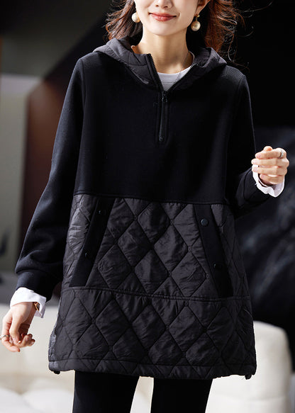 Loose Black Hooded Zippered Patchwork Sweatshirts Spring Ty009