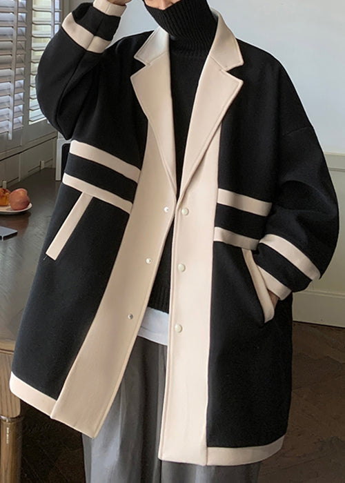 Loose Black Notched Pockets Patchwork Woolen Coat Winter Ro043