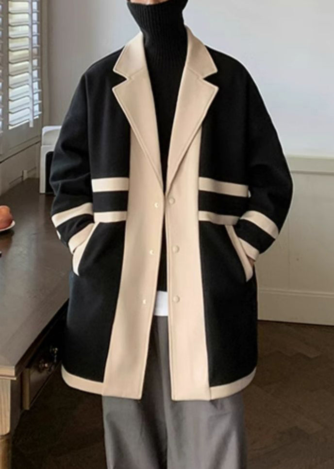 Loose Black Notched Pockets Patchwork Woolen Coat Winter Ro043