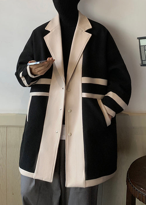 Loose Black Notched Pockets Patchwork Woolen Coat Winter Ro043