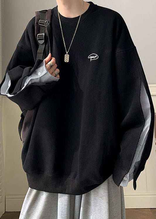Loose Neck False Pieces Cotton O Two Black Sweatshirt Button