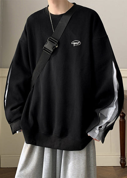 Loose Neck False Pieces Cotton O Two Black Sweatshirt Button