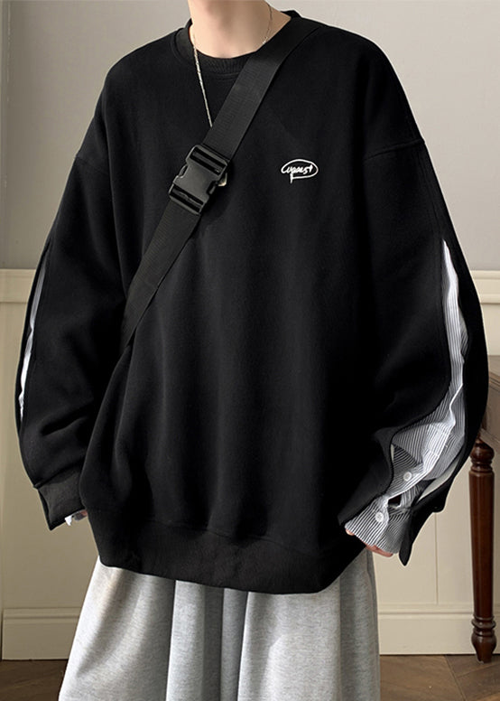 Loose Neck False Pieces Cotton O Two Black Sweatshirt Button