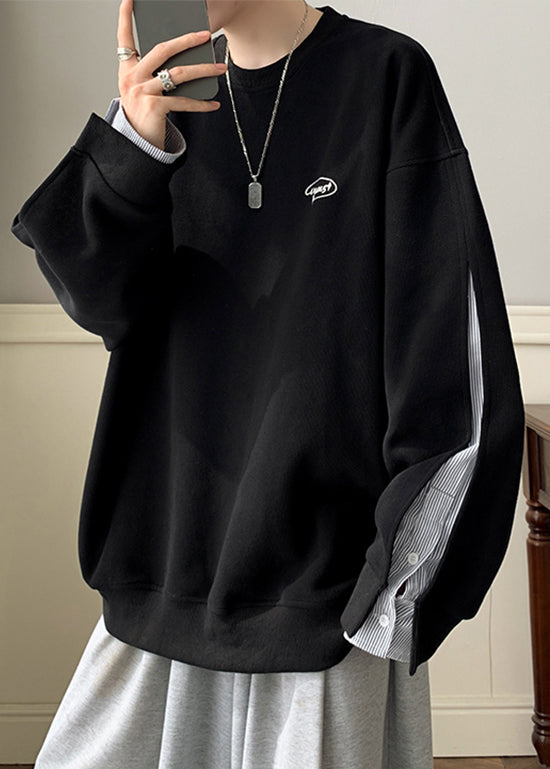 Loose Neck False Pieces Cotton O Two Black Sweatshirt Button