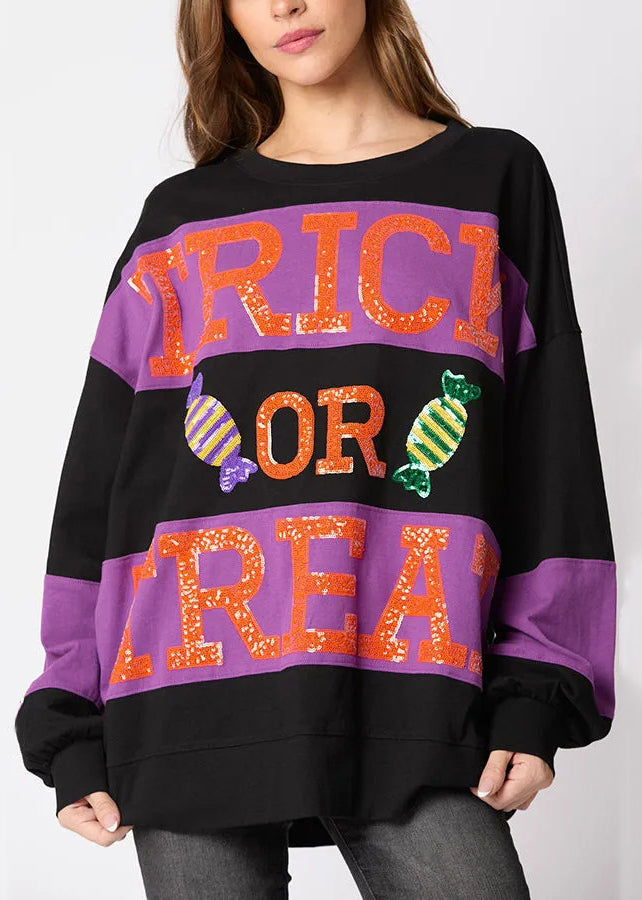 Loose Black O Neck Letter Cotton Sweatshirt Fall Ae1038