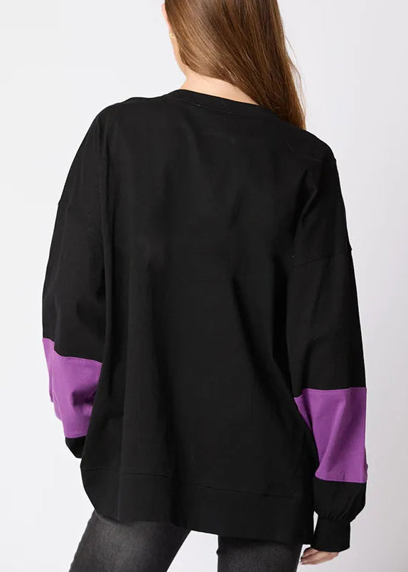 Loose Black O Neck Letter Cotton Sweatshirt Fall Ae1038