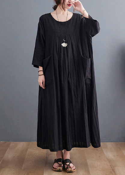 Loose Black O-neck Patchwork Pockets Maxi Dress Bracelet Sleeve Gh1053