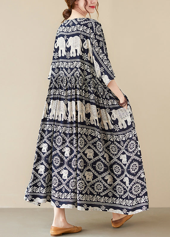 Loose Black O-neck Print Maxi Dress Half Sleeve Vb1010