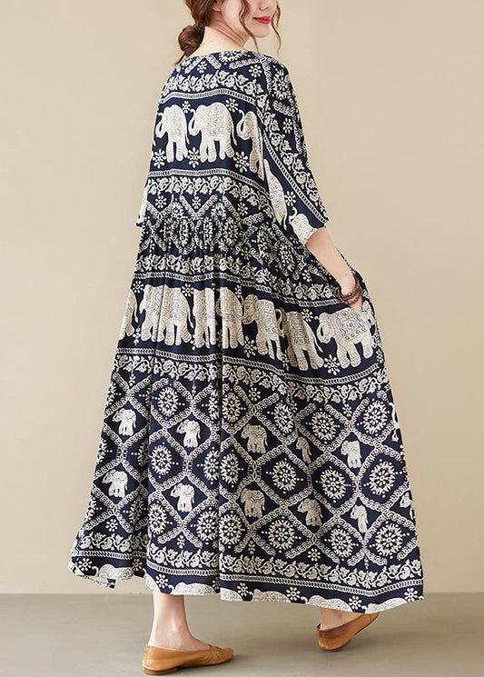 Loose Black O-neck Print Maxi Dress Half Sleeve Vb1010