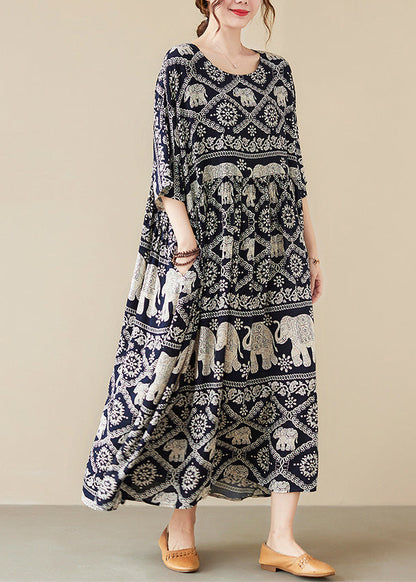 Loose Black O-neck Print Maxi Dress Half Sleeve Vb1010