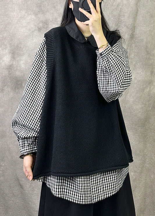 Loose Black O Neck Cozy Knit Waistcoat Sleeveless Vv042