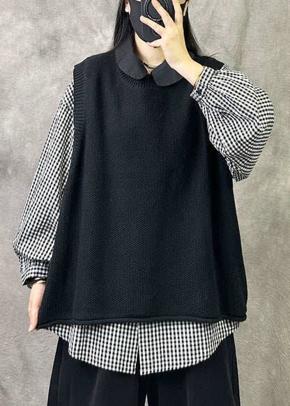 Loose Black O Neck Cozy Knit Waistcoat Sleeveless Vv042
