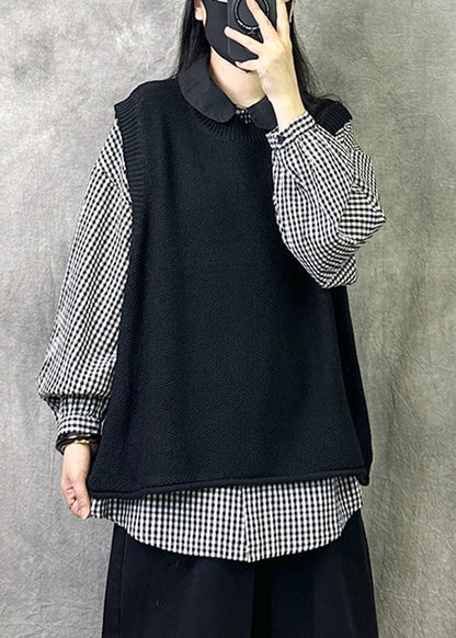 Loose Black O Neck Cozy Knit Waistcoat Sleeveless Vv042