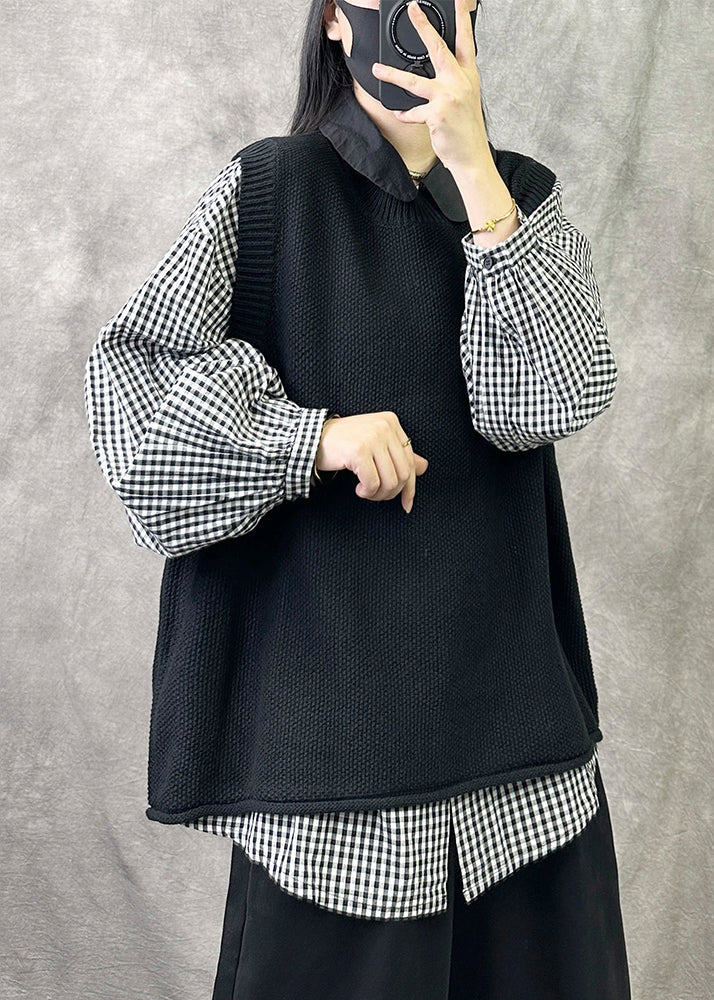 Loose Black O Neck Cozy Knit Waistcoat Sleeveless Vv042