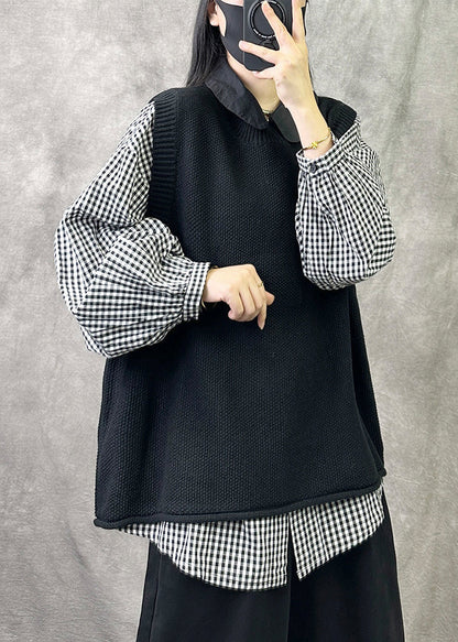 Loose Black O Neck Cozy Knit Waistcoat Sleeveless Vv042