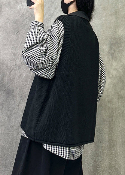 Loose Black O Neck Cozy Knit Waistcoat Sleeveless Vv042