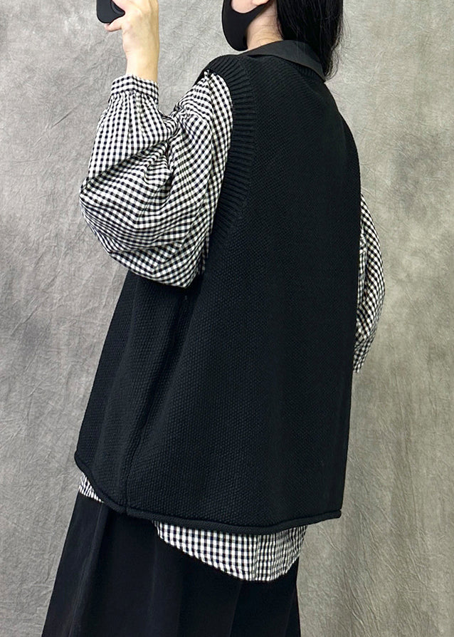 Loose Black O Neck Cozy Knit Waistcoat Sleeveless Vv042